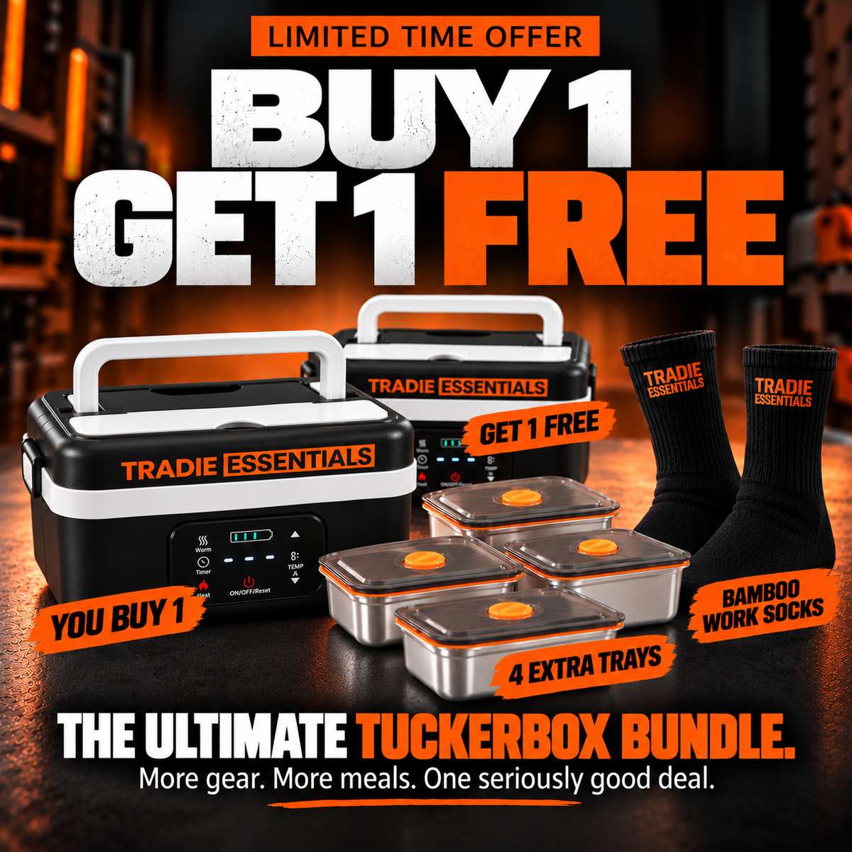 Tradie TuckerBox™ 1L - BOGO + 4 FREE Trays & Socks