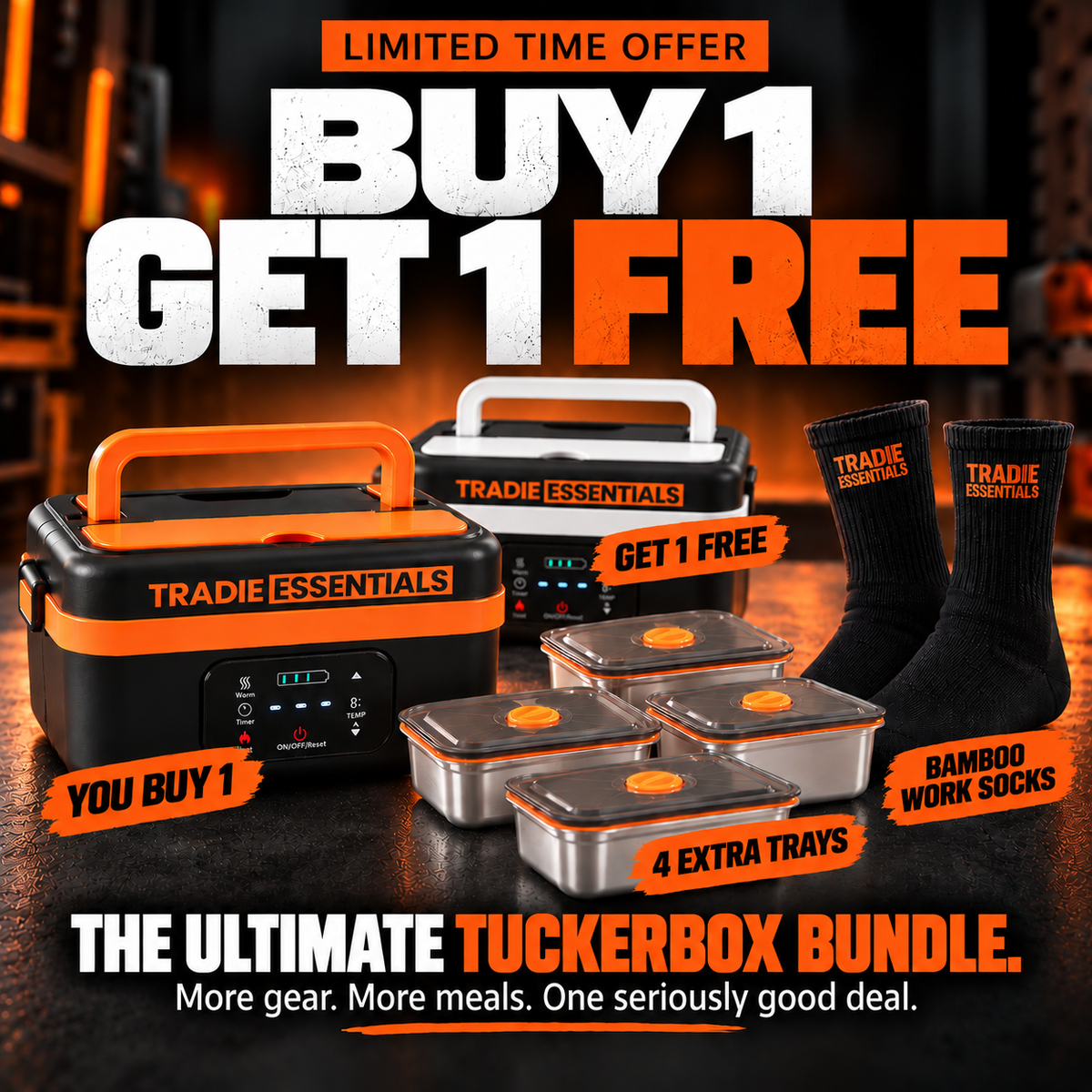 Tradie TuckerBox™ 1L - BOGO + 4 FREE Trays & Socks